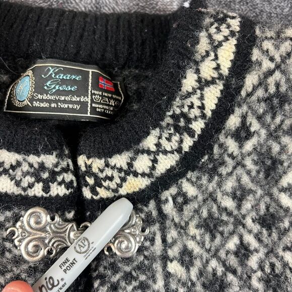 Kaare Gjose Made In Norway Pure New Wool Black White Cardigan Sweater S *Read - Picture 3 of 10